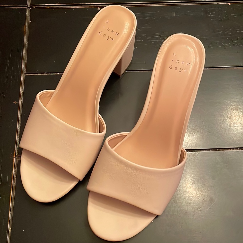 A new day. Beige block heel slide sandal